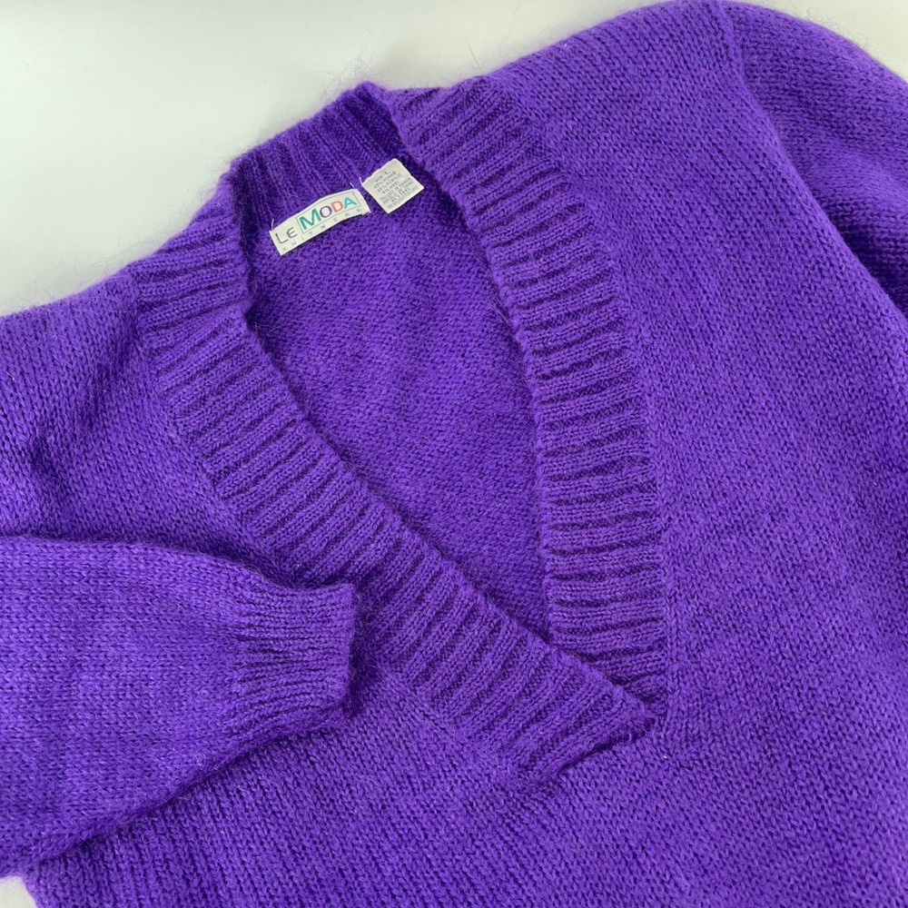 Vintage Le Moda Purple Mohair Blend V-Neck Knit Sweater Womens Large Fuzzy Soft